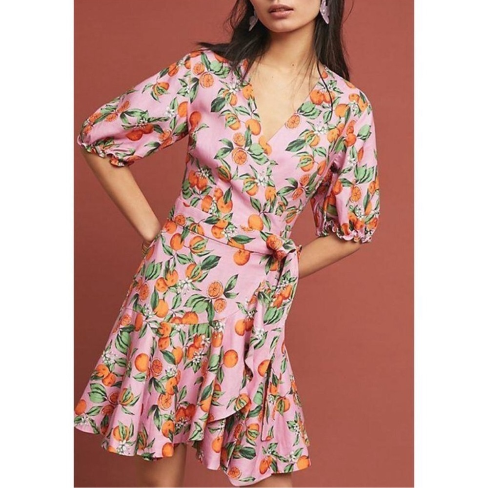Finders Keepers Aranciata Orange Print Wrap Dress Mini Ruffle Puff Short Sleeve